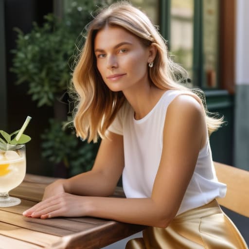The Casual Al Fresco Lunch in satin skirt.