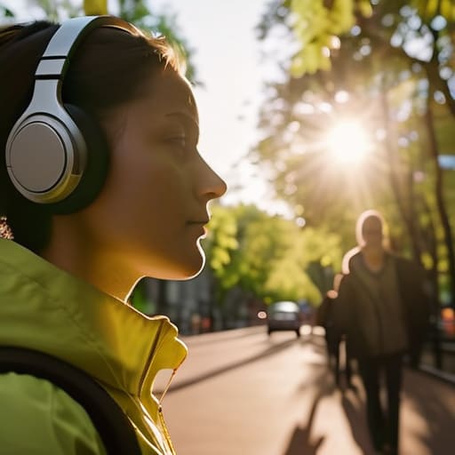 Person walking with headphones on a path.